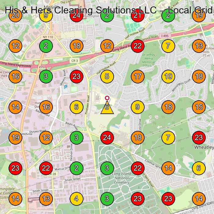 His & Hers Cleaning Solutions LLC Commercial Cleaning Service GeoGrid ranking map for 145 Pinelawn Rd Melville